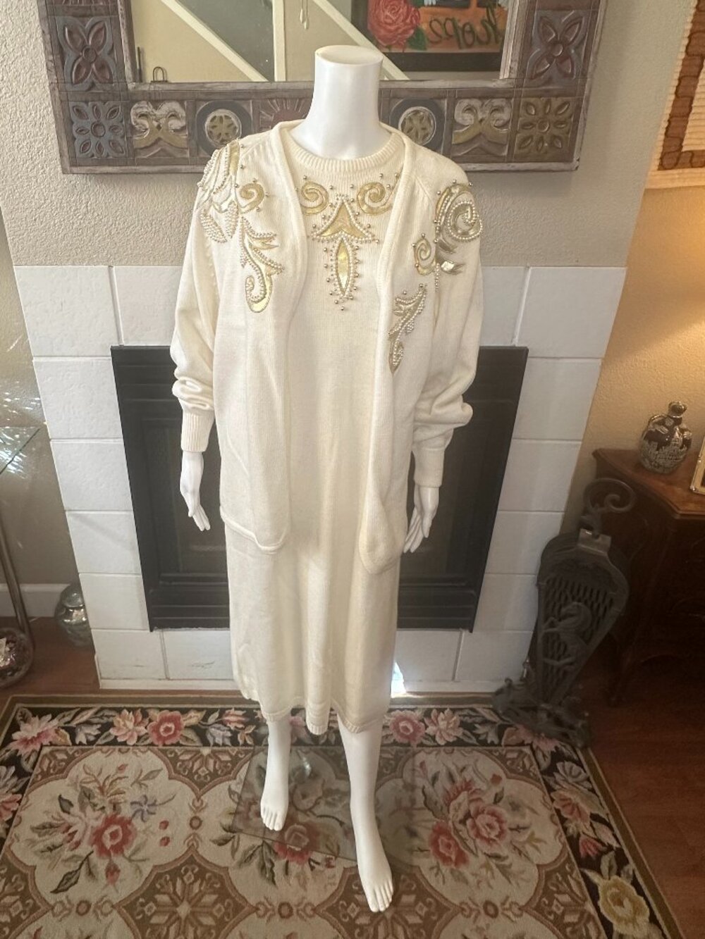 1980s Cervelle Ivory Beaded Appliquéd Sweater Dress & Cardigan Large Gold Pearls